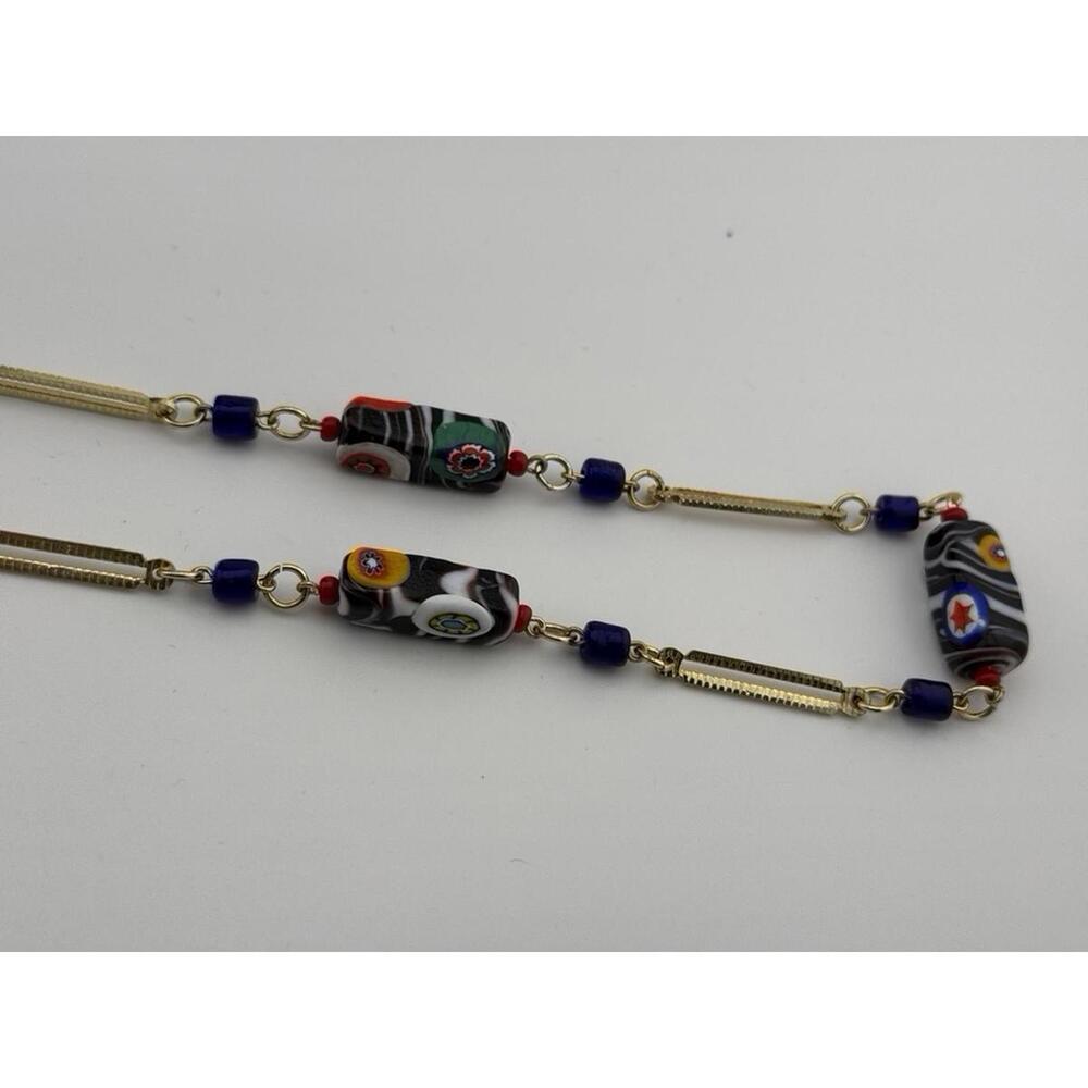 Art Deco Millefiori-Murano Glass Tube Bead Necklace| Gold Bar | Colorful - Picture 9 of 9